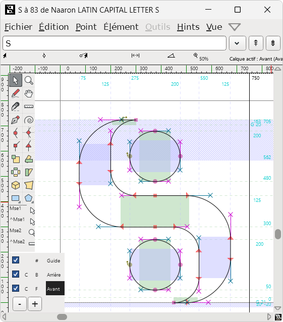 FontForge editor with the letter "S" being edited.