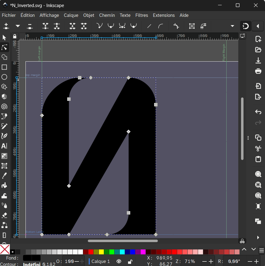 The program Inkscape with the letter N inverted in the style of the Naaron font.